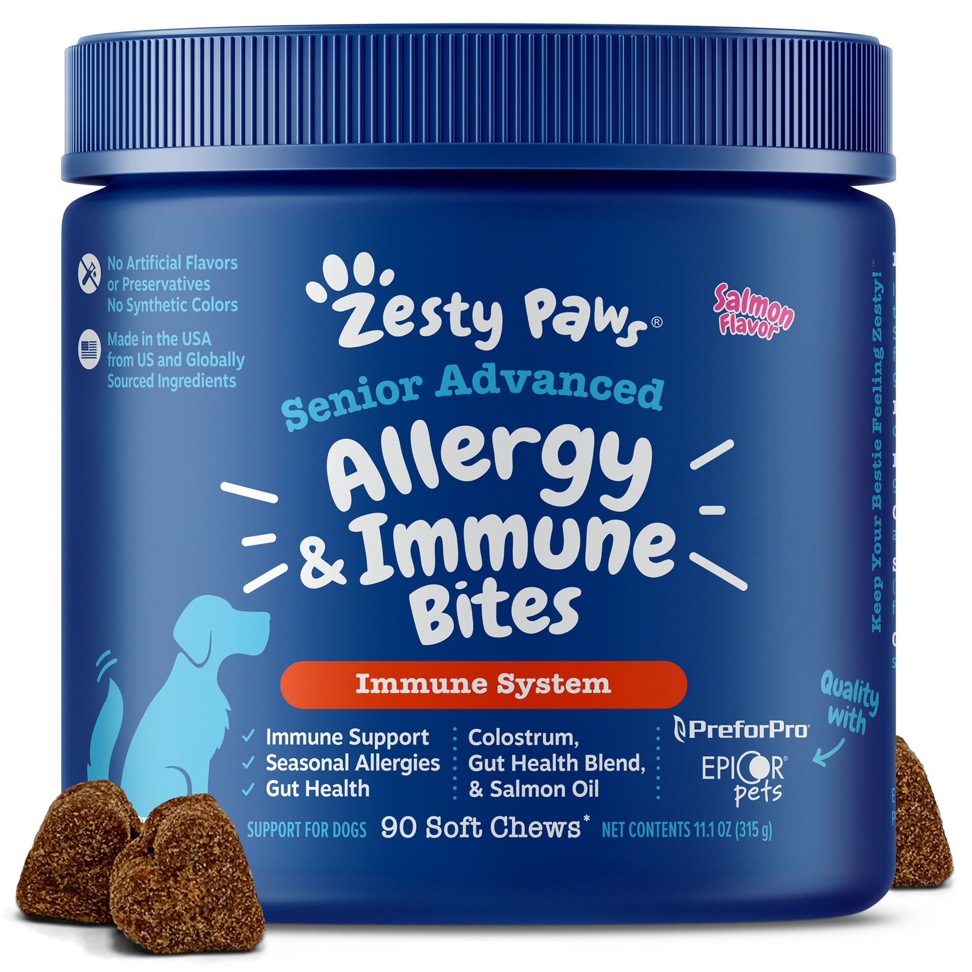 Zesty Paws Senior Advanced Allergy & Immune Bites Salmon Flavored Soft Chew Supplement for Dogs - 90 count product detail number 1.0