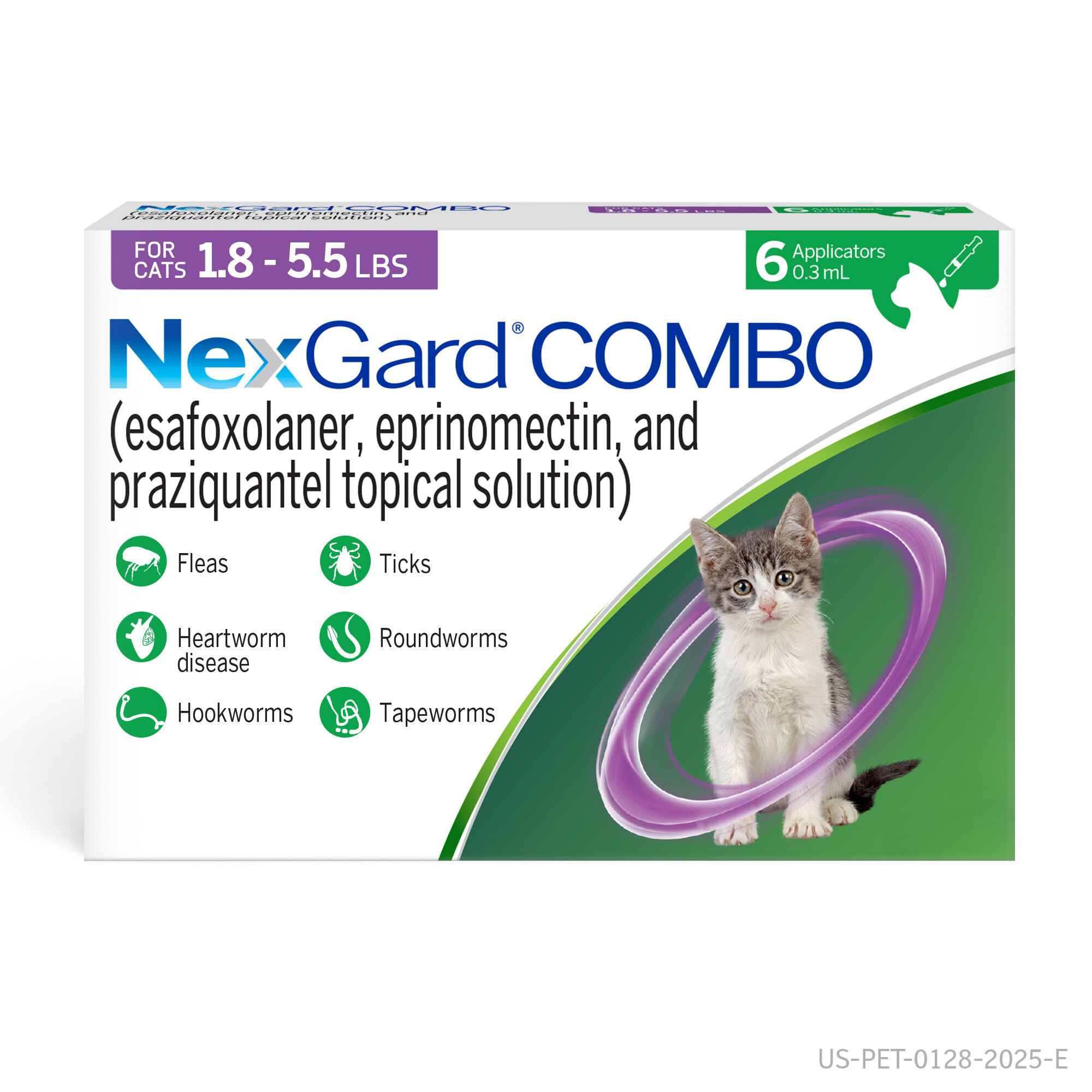 NexGard COMBO Topical Flea & Tick Protection plus Heartworm Disease Preventive for Cats -1.8-5.5 lbs. (Purple Box) - 6 Month Dose Pack product detail number 1.0